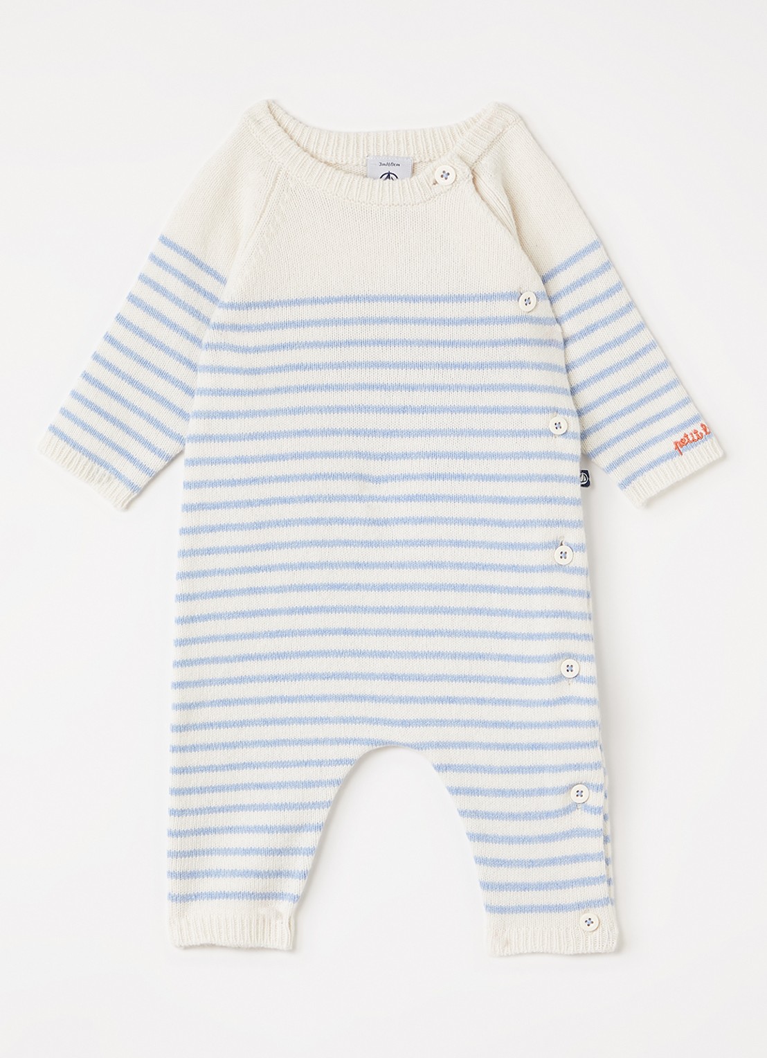 Petit Bateau Fijngebreid babypak in wolblend - voorkant blauw