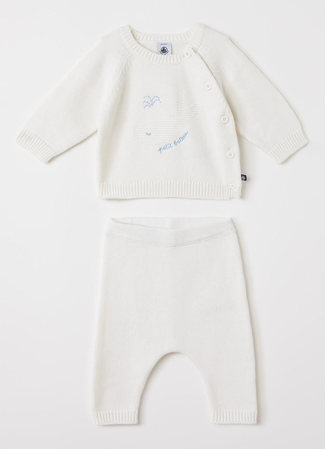 Petit Bateau Set van grofgebreid vest en broek - voorkant gebroken wit