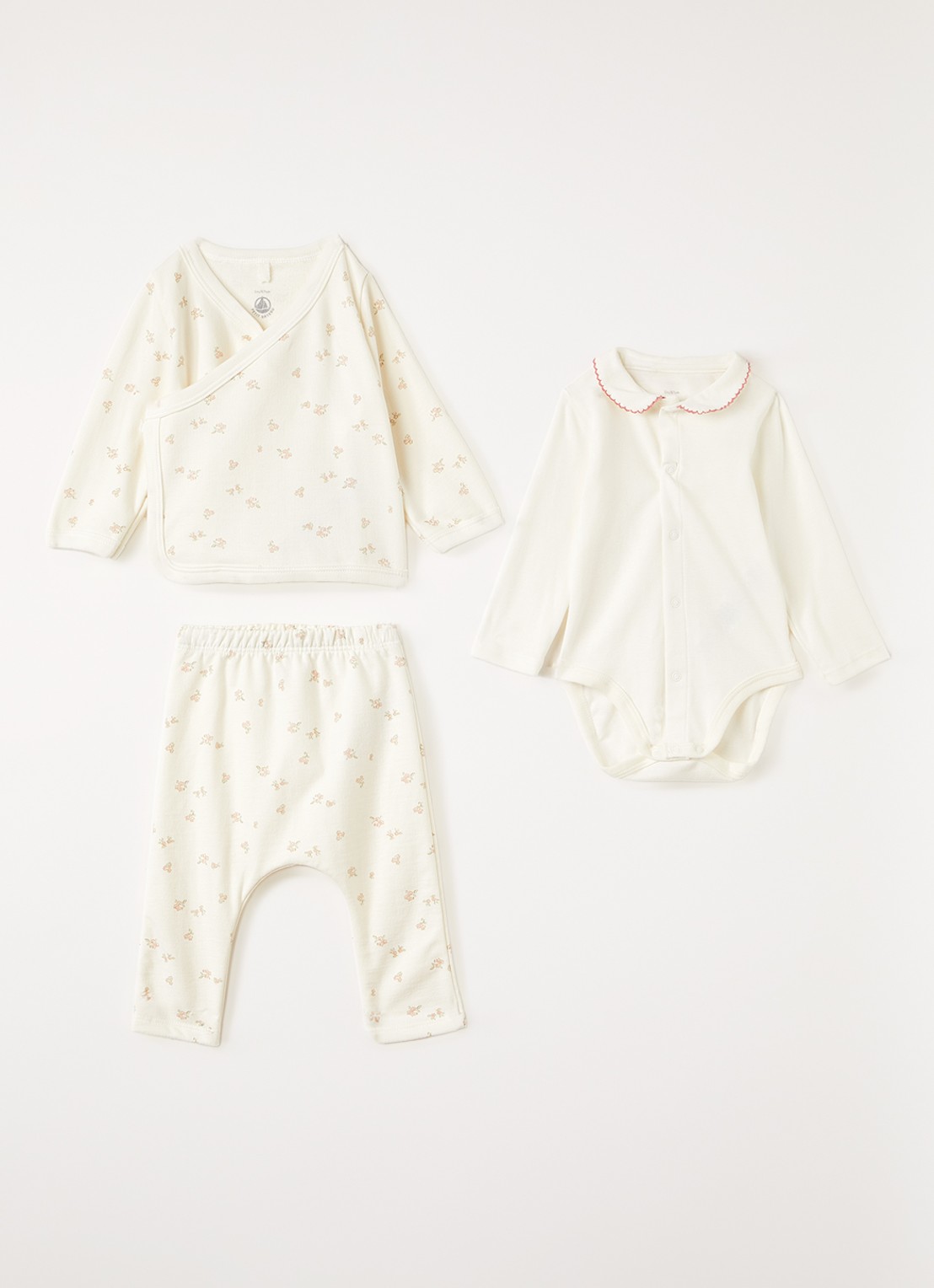 Petit Bateau Set van top met legging en romper 3-delig - voorkant gebroken wit