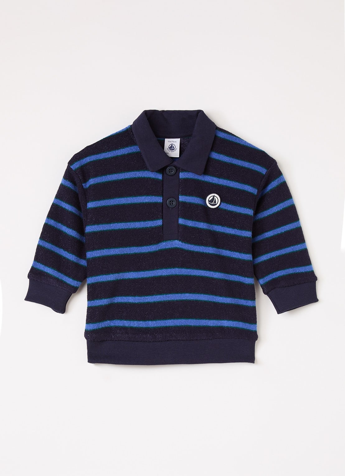 Petit Bateau Trui van badstof met streepprint en polokraag - voorkant donkerblauw
