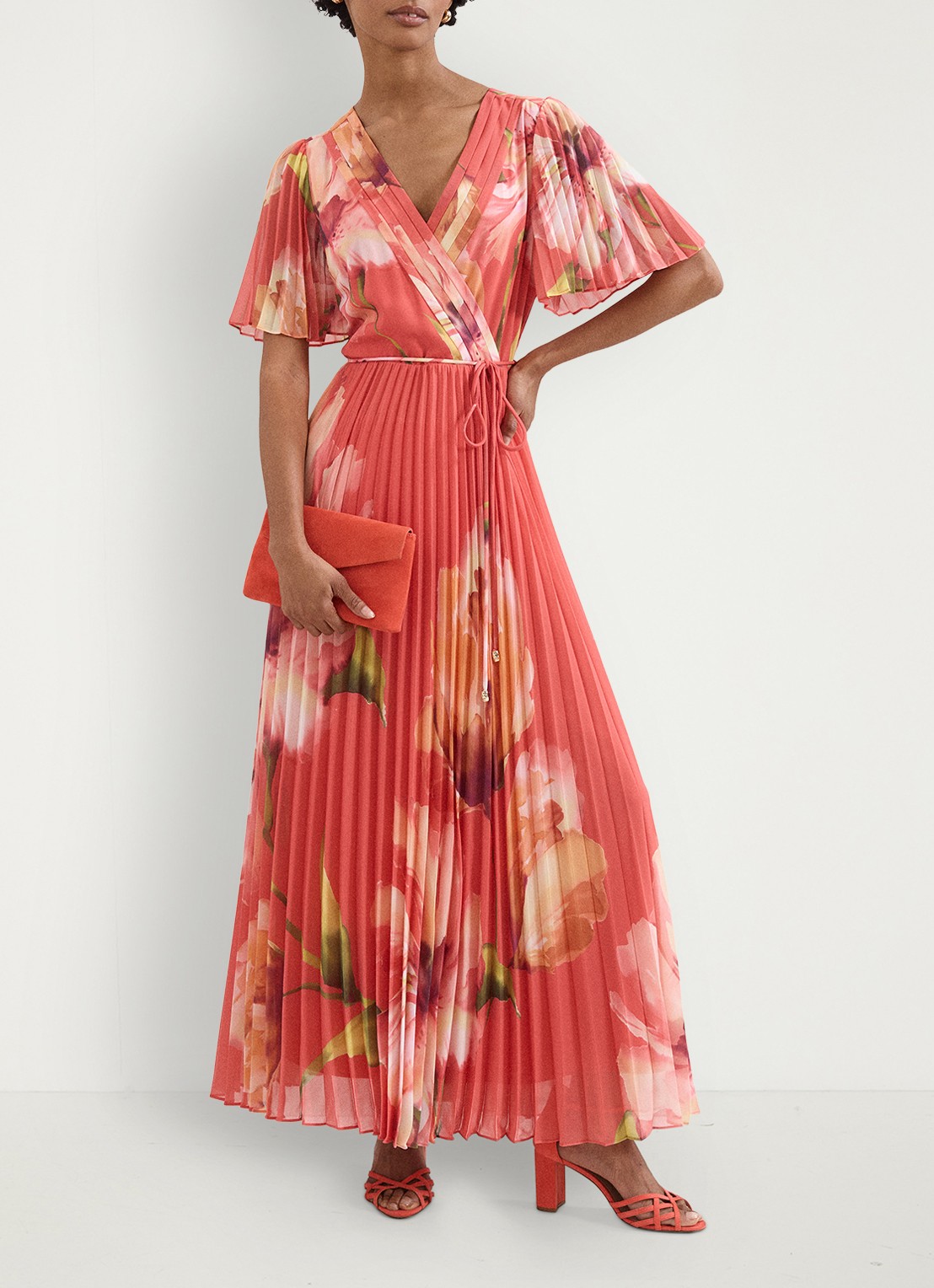 Phase Eight Abigail maxi jurk met bloemenprint - voorkant 2 koraal