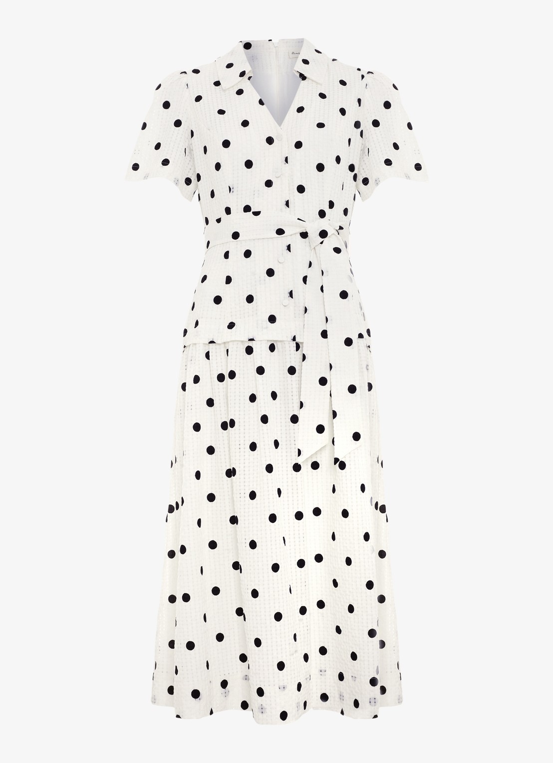 Phase Eight Adele midi jurk met stippenprint en strikceintuur - voorkant gebroken wit