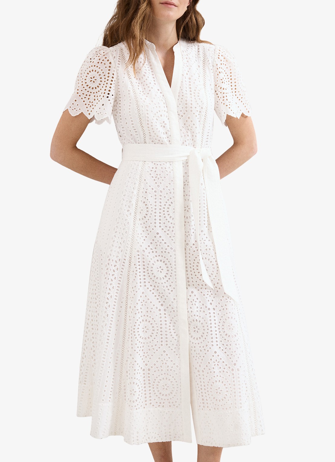 Phase Eight Aletta midi blousejurk met broderie en strikceintuur  - detail 3 wit