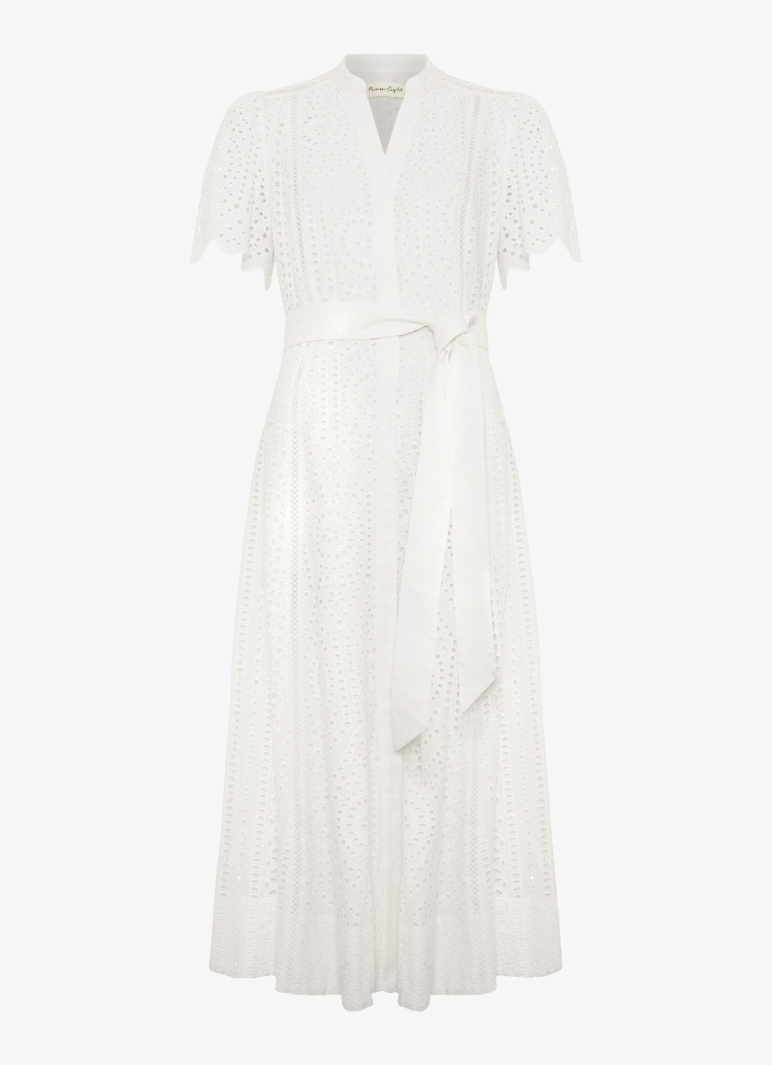 Phase Eight Aletta midi blousejurk met broderie en strikceintuur  - voorkant wit