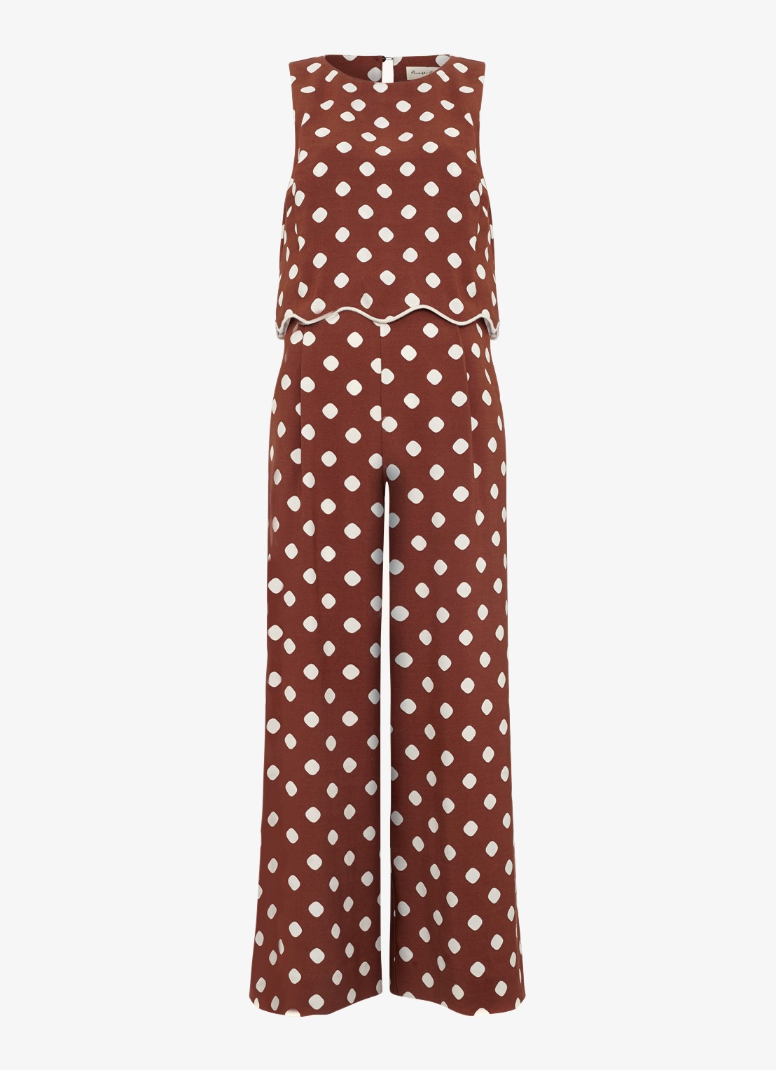 Phase Eight Alia loose fit jumpsuit met stippenprint - voorkant bruin
