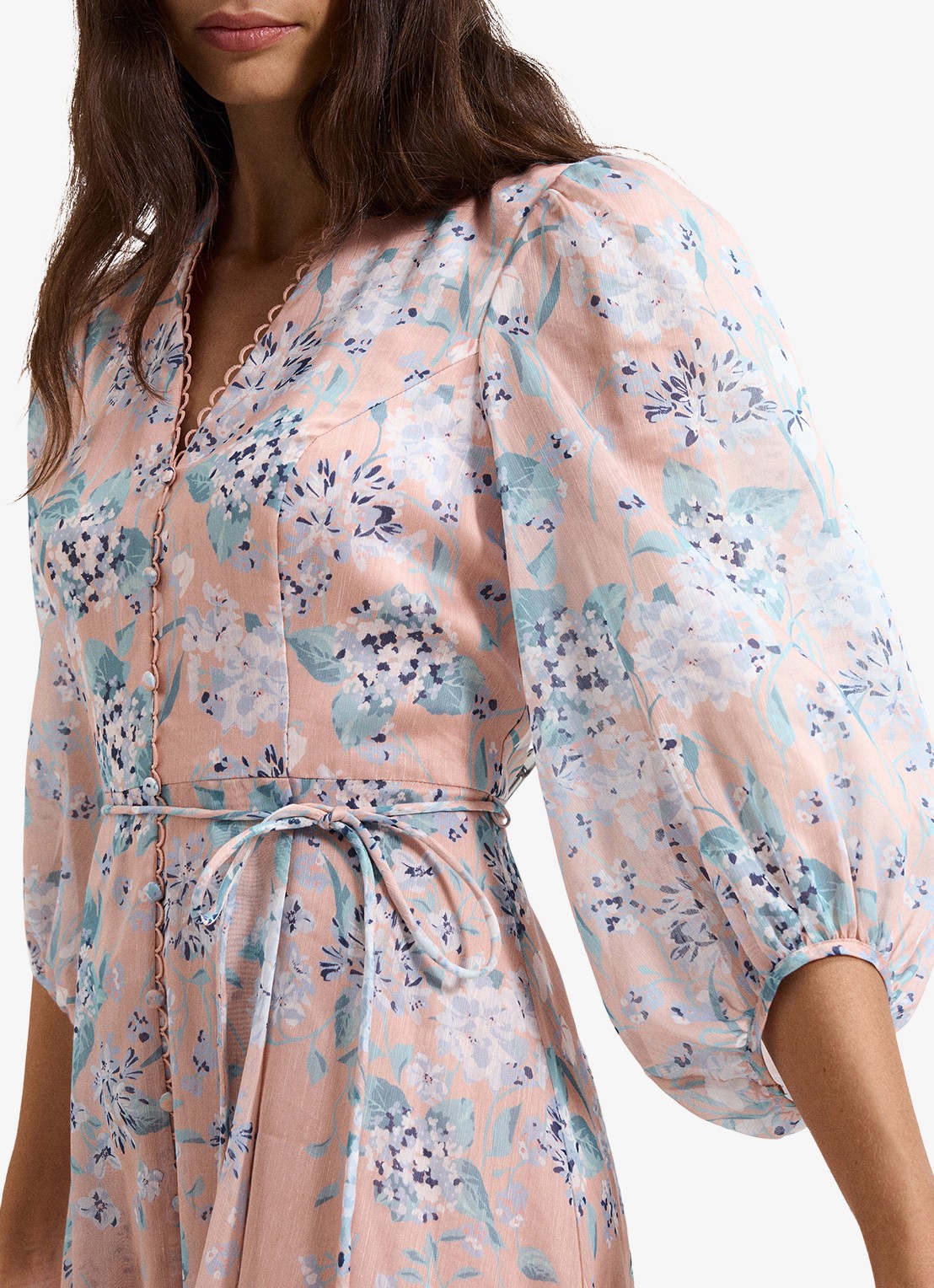 Phase Eight Alison midi jurk in linnenblend met bloemenprint - detail 4 oudroze