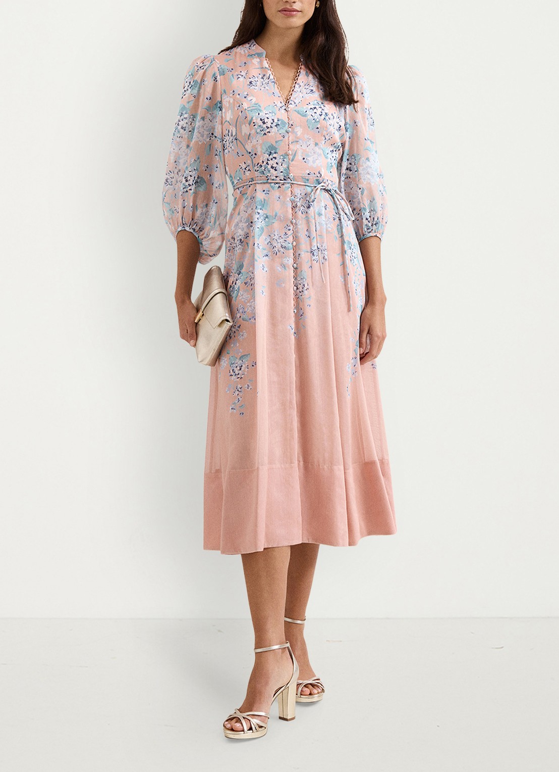 Phase Eight Alison midi jurk in linnenblend met bloemenprint - voorkant 2 oudroze