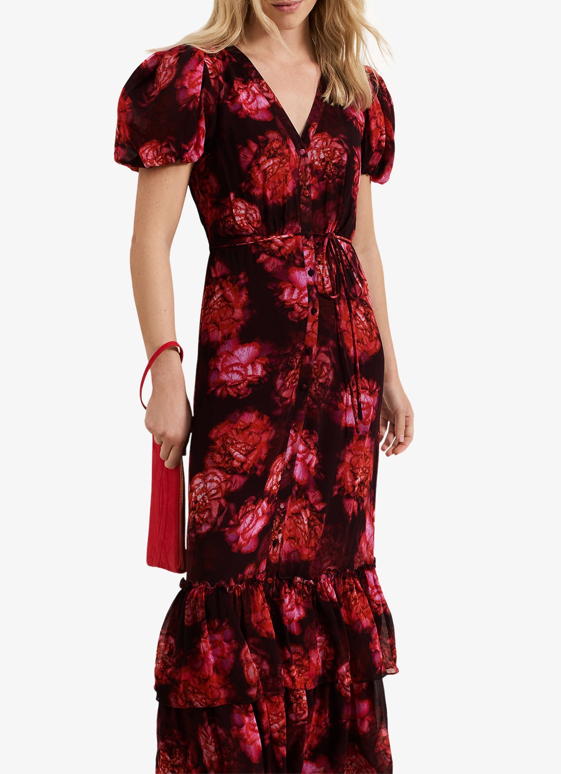 Phase Eight Amaris maxi blousejurk met bloemenprint en strikceintuur - detail 3 rood