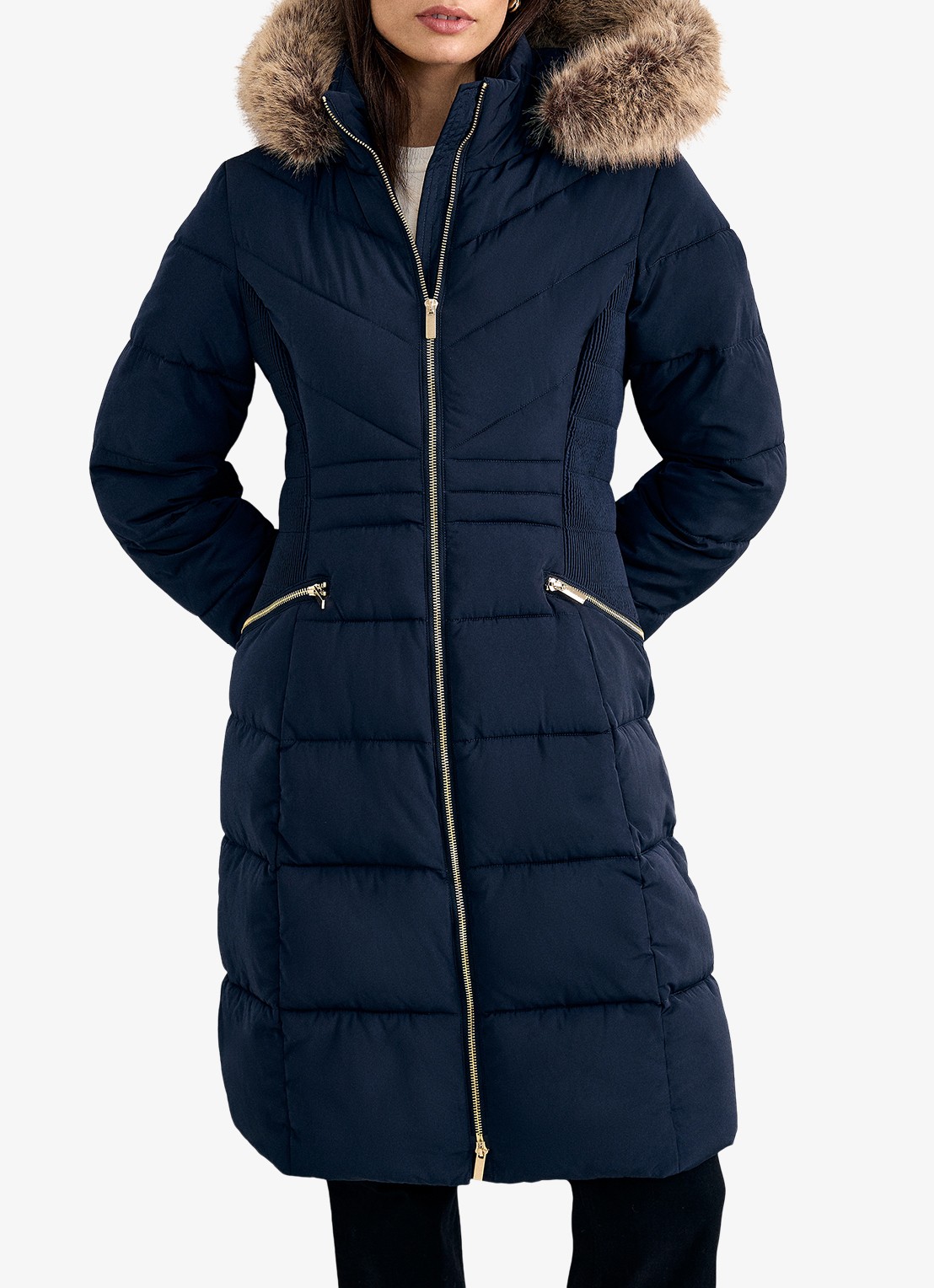 Phase Eight Amber midi gewatteerde parka met afneembare capuchon - detail blauw