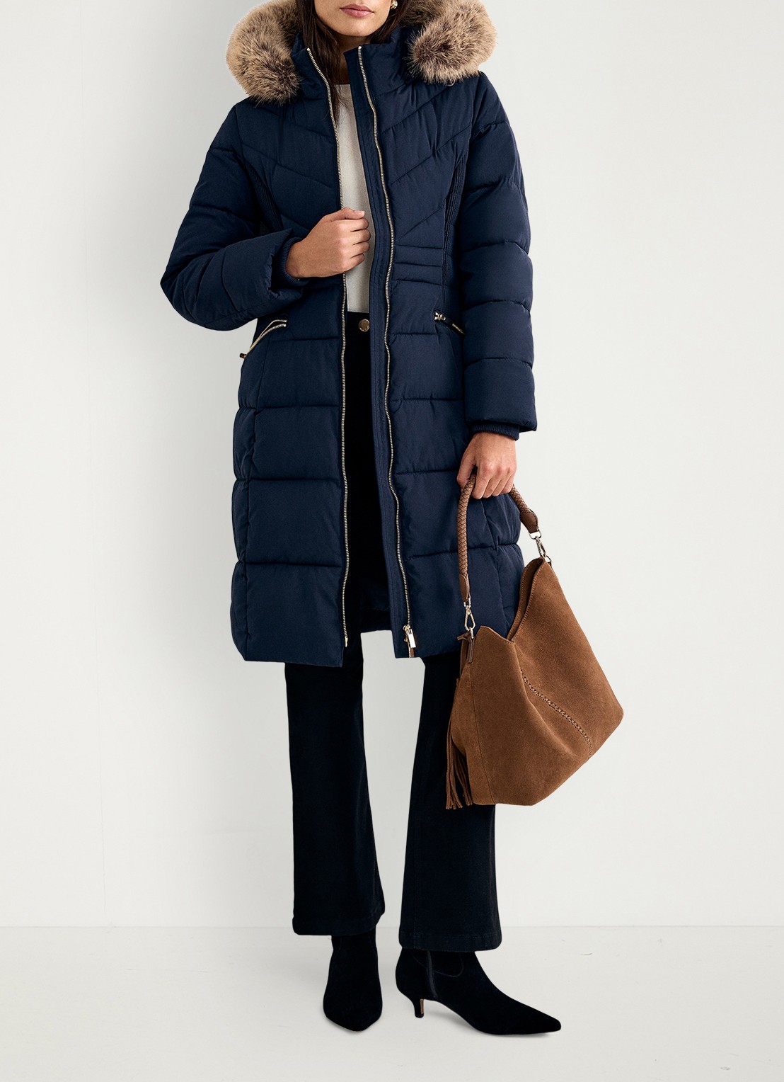 Phase Eight Amber midi gewatteerde parka met afneembare capuchon - voorkant 7 blauw