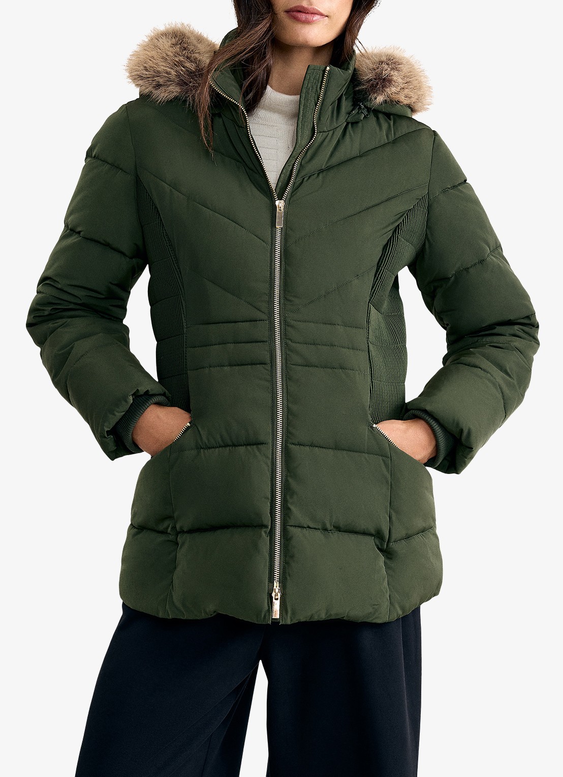 Phase Eight Amber mini gewatteerde parka met afneembare capuchon - detail 3 donkergroen