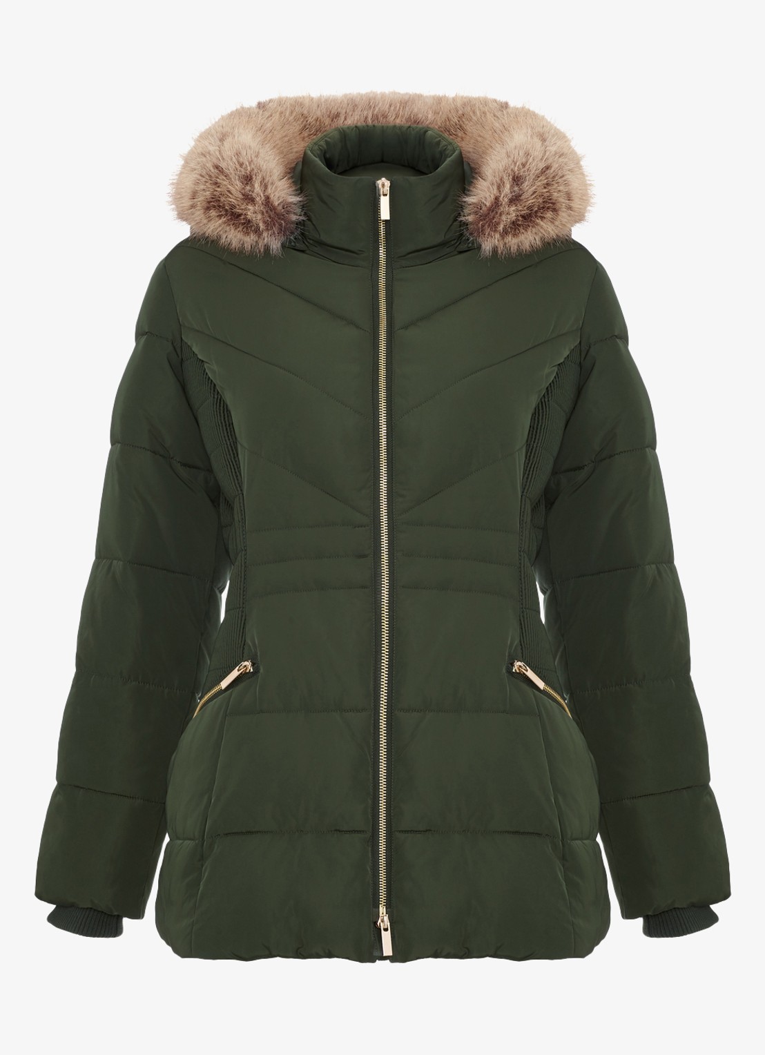 Phase Eight Amber mini gewatteerde parka met afneembare capuchon - voorkant donkergroen