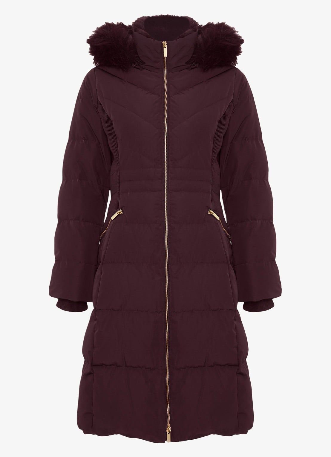 Phase Eight Amber puffer jas met capuchon - voorkant aubergine