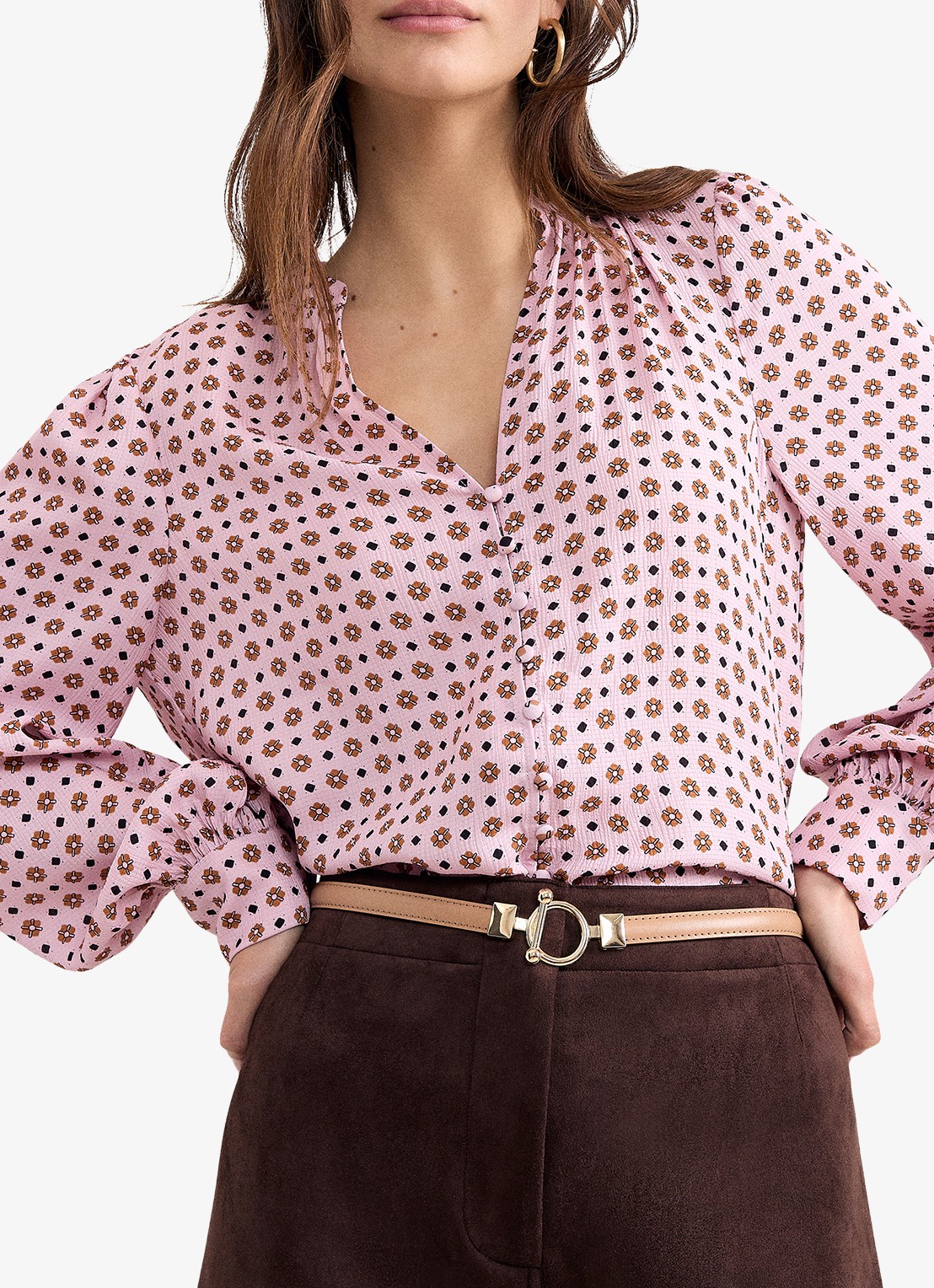 Phase Eight Arabella blouse met V-hals en grafische print - detail oudroze