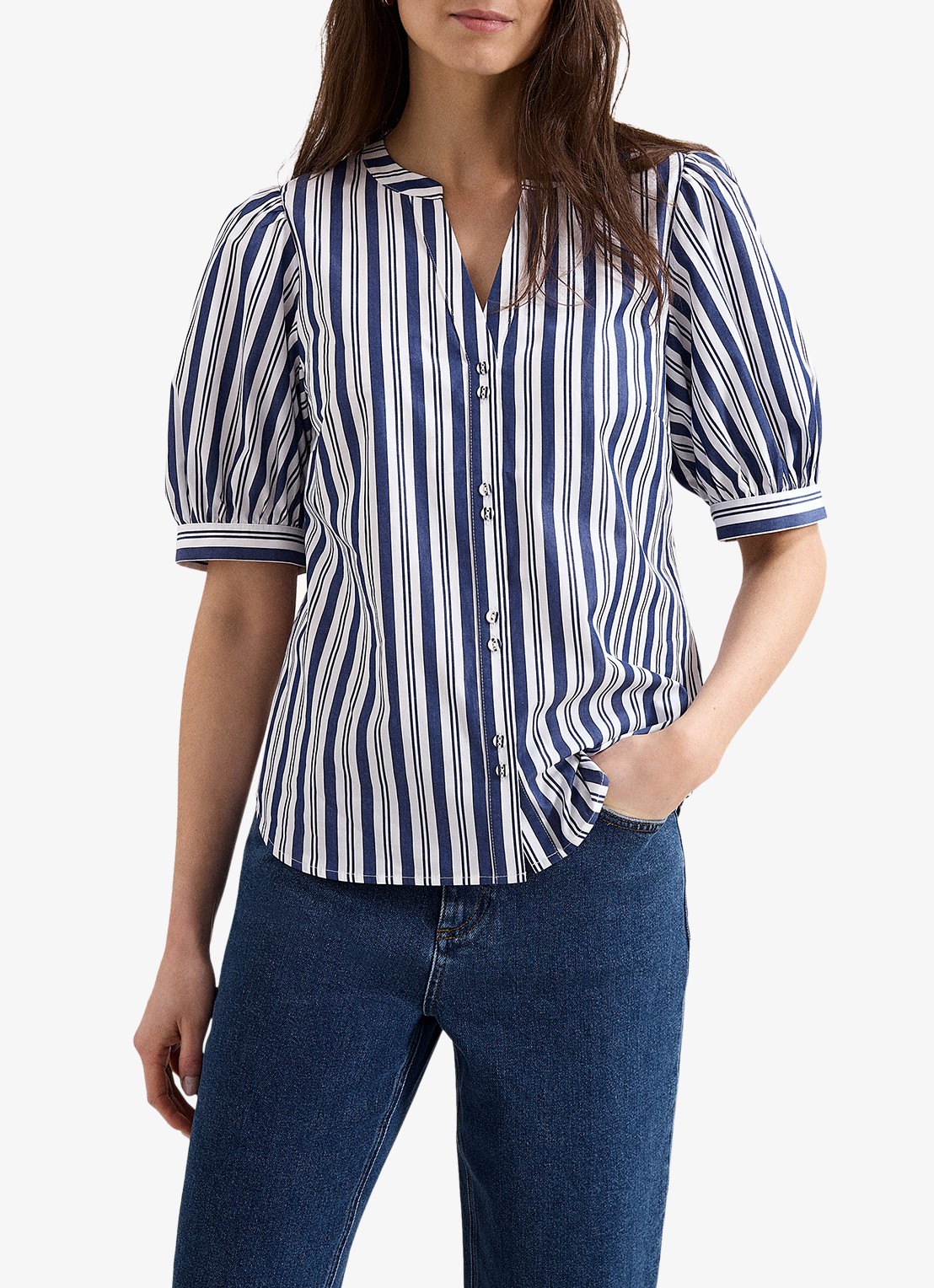 Phase Eight Ariana blouse met streepprint en pofmouw - detail 4 donkerblauw