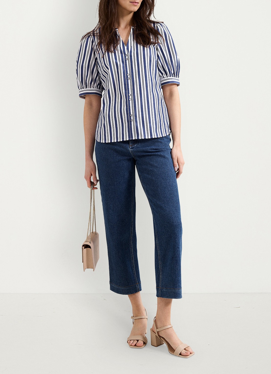 Phase Eight Ariana blouse met streepprint en pofmouw - voorkant 3 donkerblauw