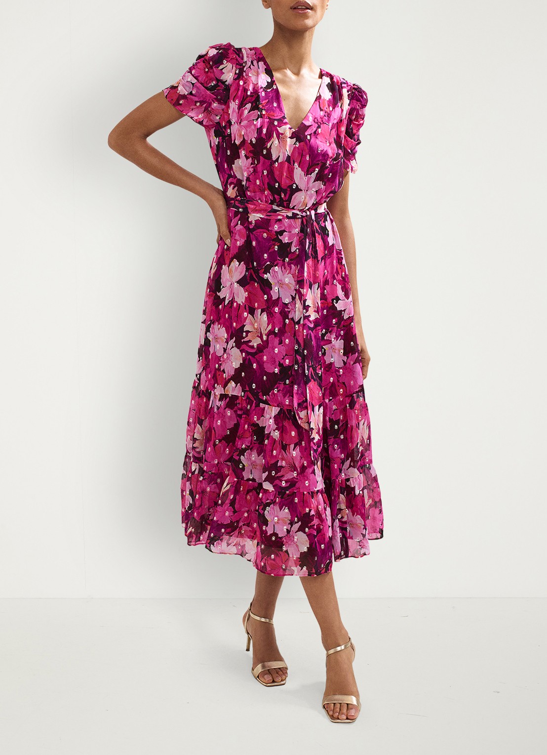 Phase Eight Azalea midi jurk met bloemenprint - voorkant 2 roze