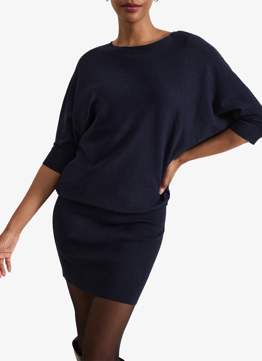Phase Eight Becca fijngebreide mini jurk met vleermuismouw - detail 7 donkerblauw