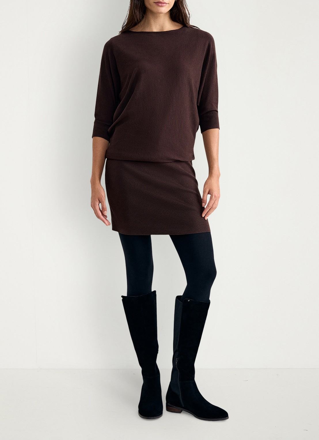 Phase Eight Becca fijngebreide mini jurk - voorkant 2 donkerbruin