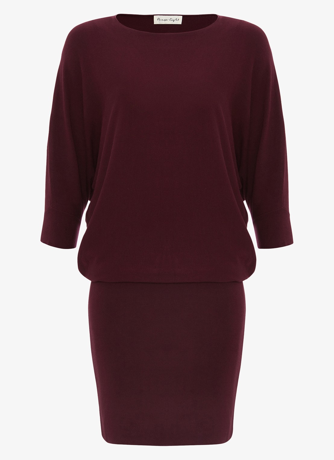 Phase Eight Becca mini fijngebreide jurk met vleermuismouw - voorkant bordeauxrood