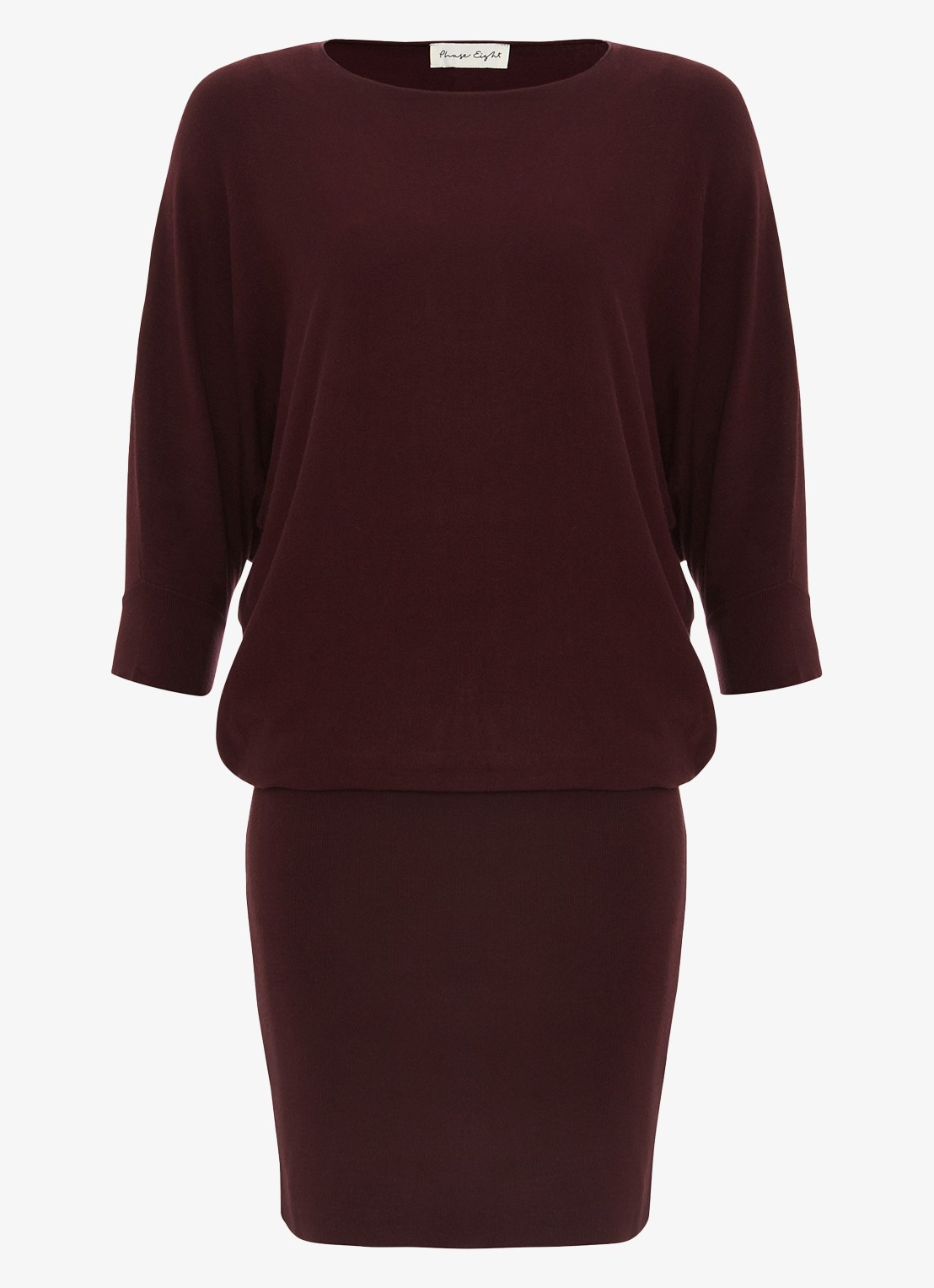 Phase Eight Becca mini fijngebreide jurk met vleermuismouw - voorkant 3 bordeauxrood