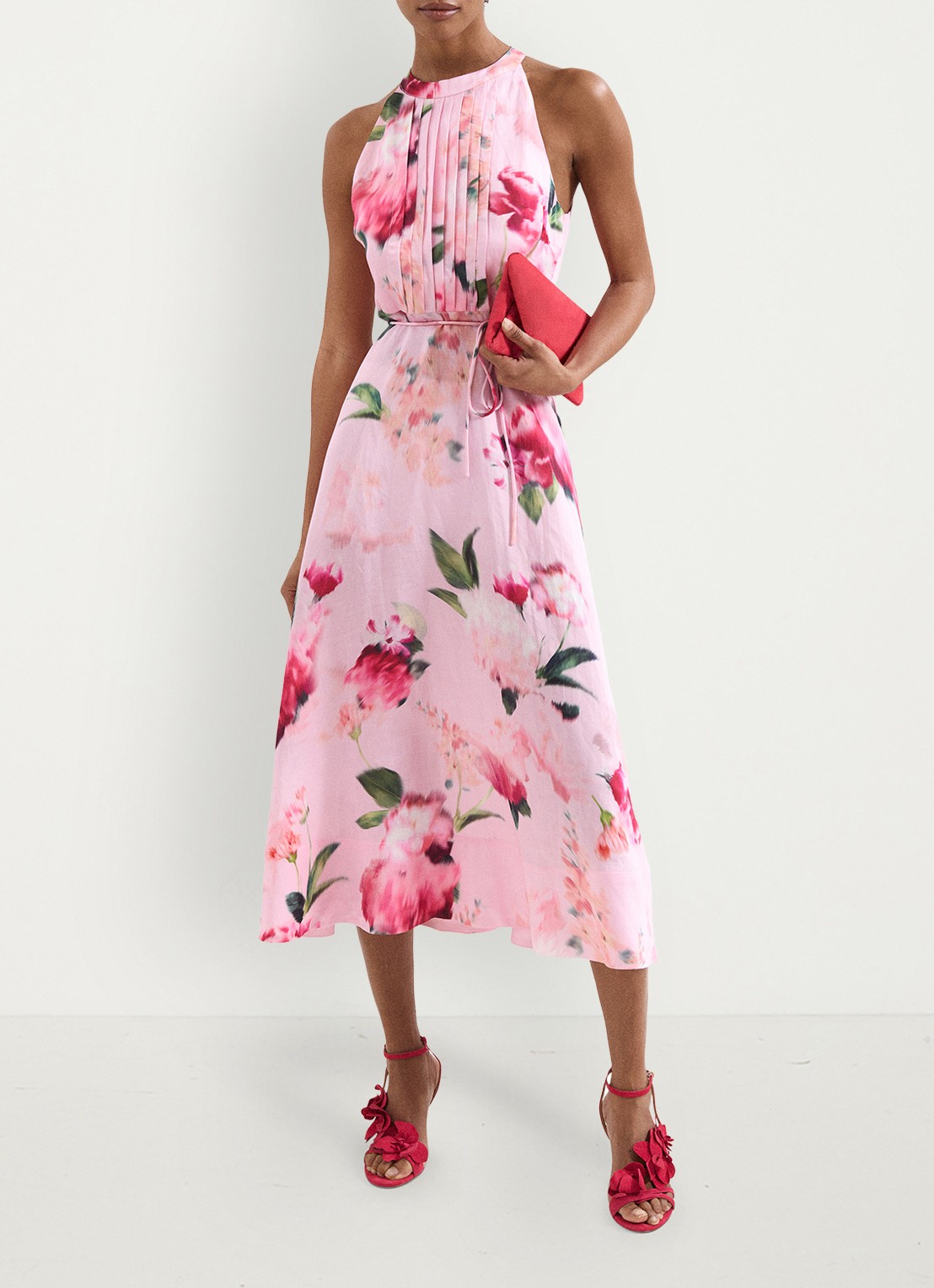 Phase Eight Bethany midi jurk in linnenblend met bloemenprint - voorkant 3 roze