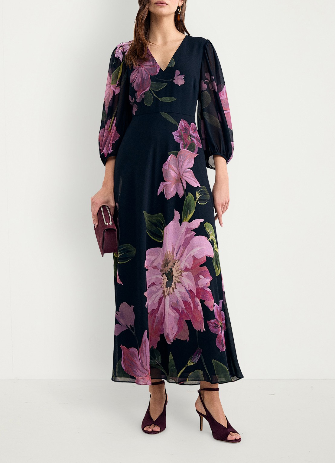 Phase Eight Betty maxi jurk met V-hals en bloemenprint - voorkant 3 blauw