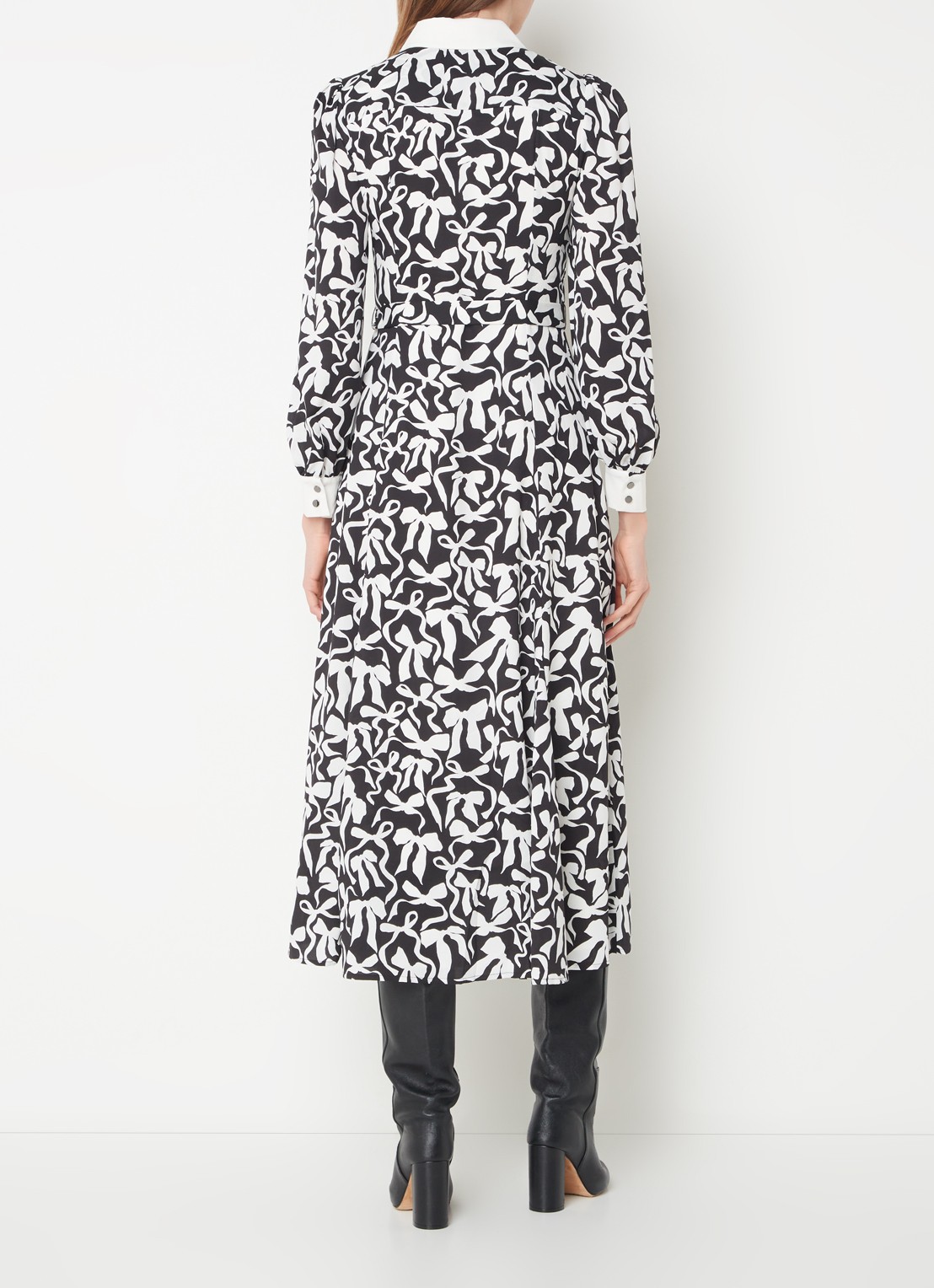 Phase Eight Bonnie midi blousejurk met print en strikceintuur  - achterkant 3 zwart