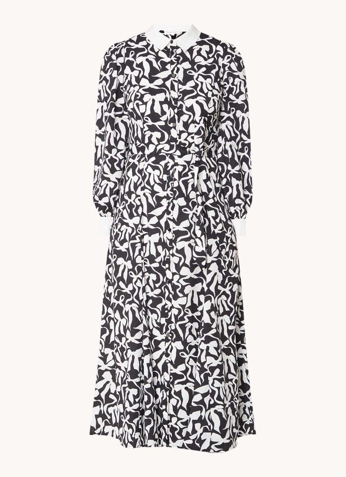 Phase Eight Bonnie midi blousejurk met print en strikceintuur  - voorkant zwart