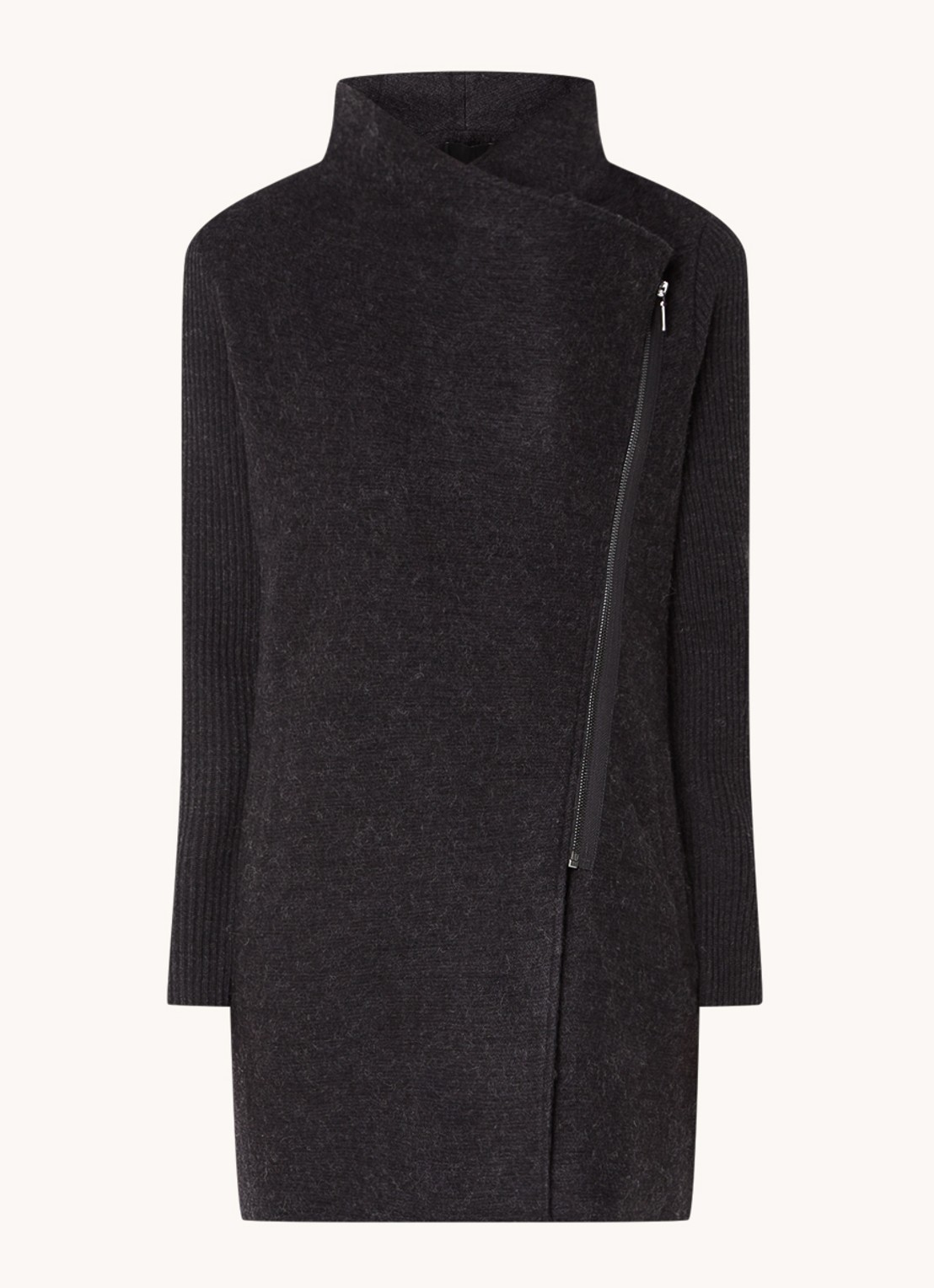 Phase Eight Byanca mantel in wolblend met rib en asymmetrische ritssluiting - voorkant 2 donkergrijs
