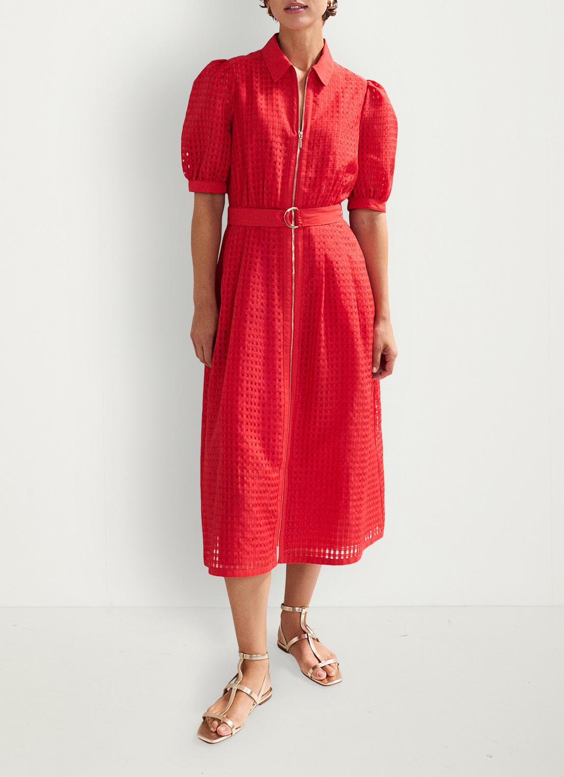 Phase Eight Carey midi jurk met ruitdessin - voorkant 8 koraalrood