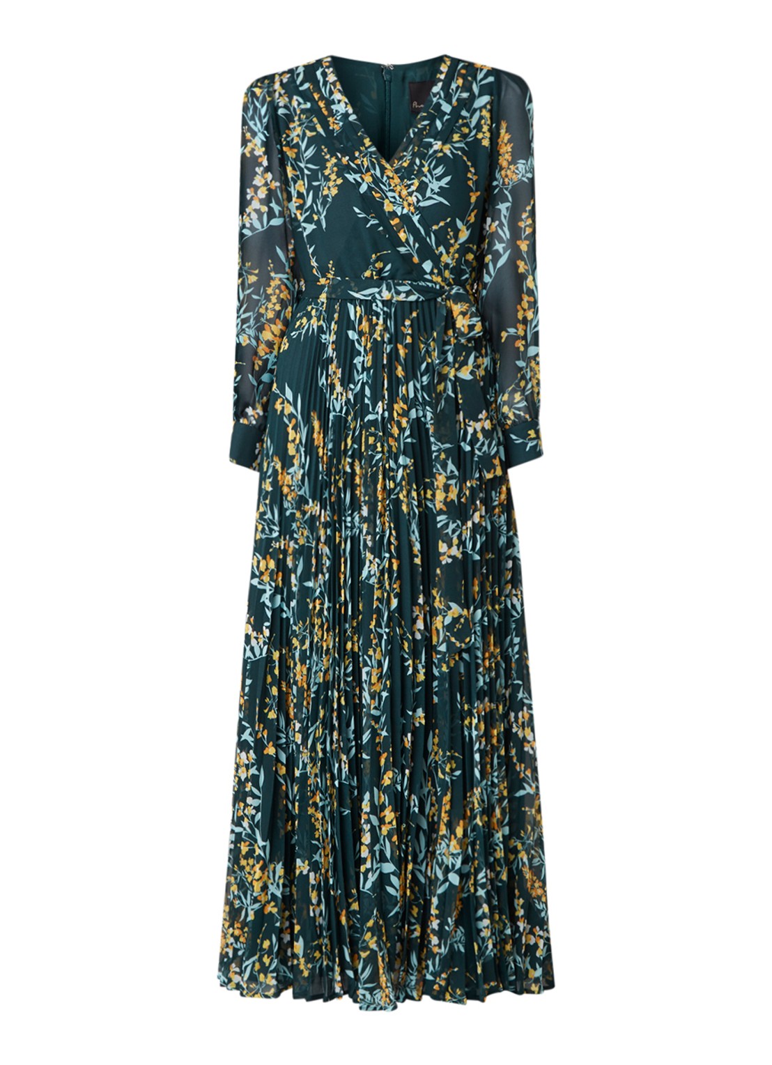 Phase Eight Carmen maxi jurk met plissé en strikceintuur - voorkant flessengroen