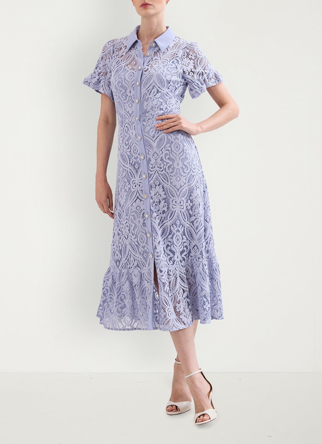 Phase Eight Carmine midi blousejurk met details van kant - voorkant 2 lichtblauw