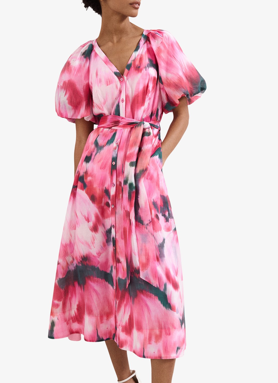Phase Eight Caterina midi jurk met pofmouw en print - detail 4 roze