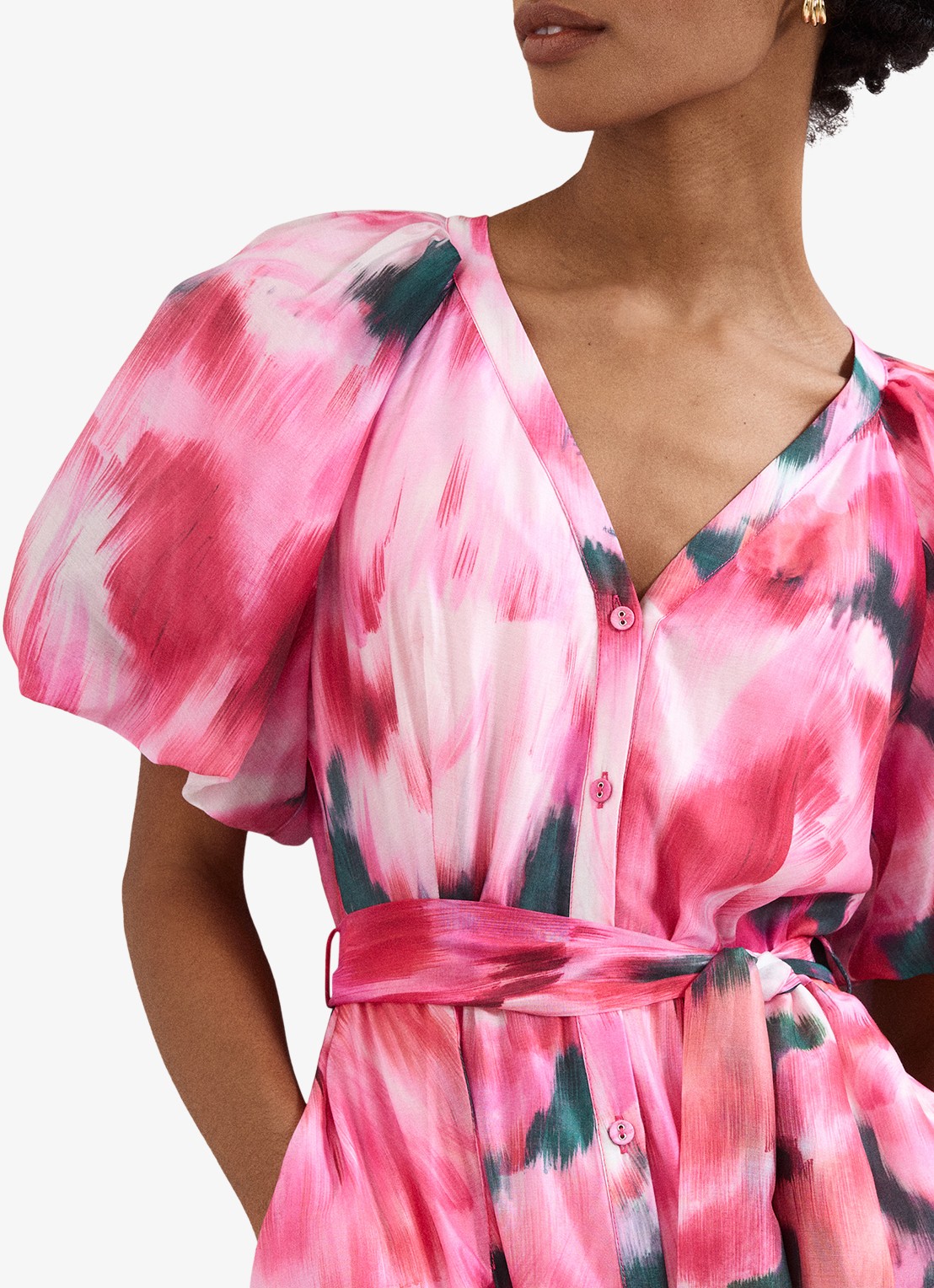 Phase Eight Caterina midi jurk met pofmouw en print - detail 5 roze
