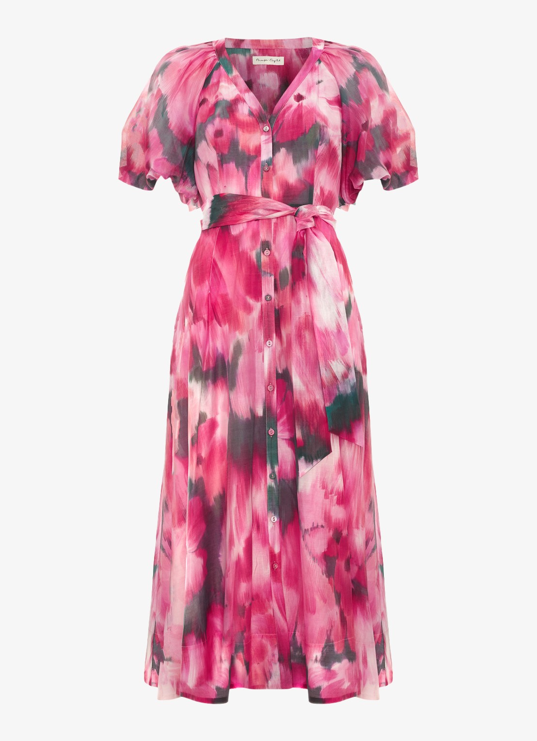 Phase Eight Caterina midi jurk met pofmouw en print - voorkant 2 roze