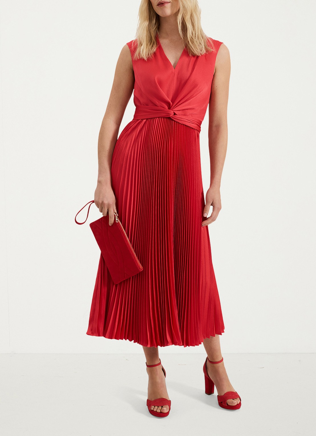Phase Eight Celestia midi jurk met plissé en strikdetail - voorkant 8 rood
