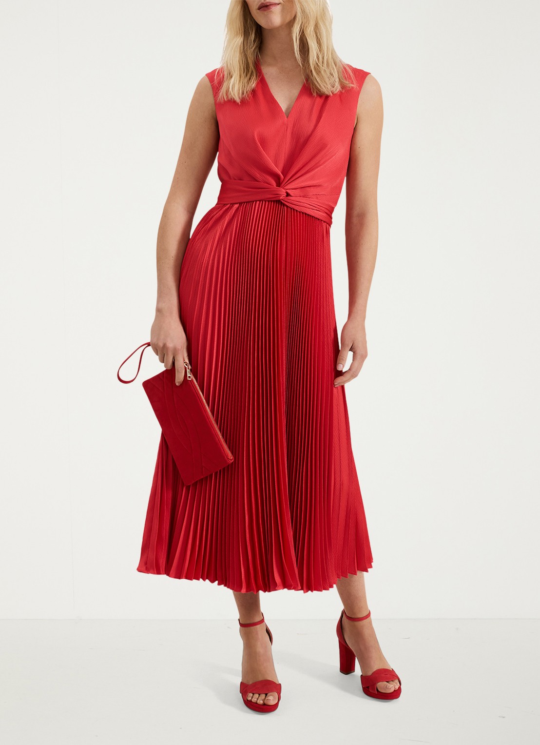 Phase Eight Celestia midi jurk met plissé en strikdetail - voorkant 2 rood