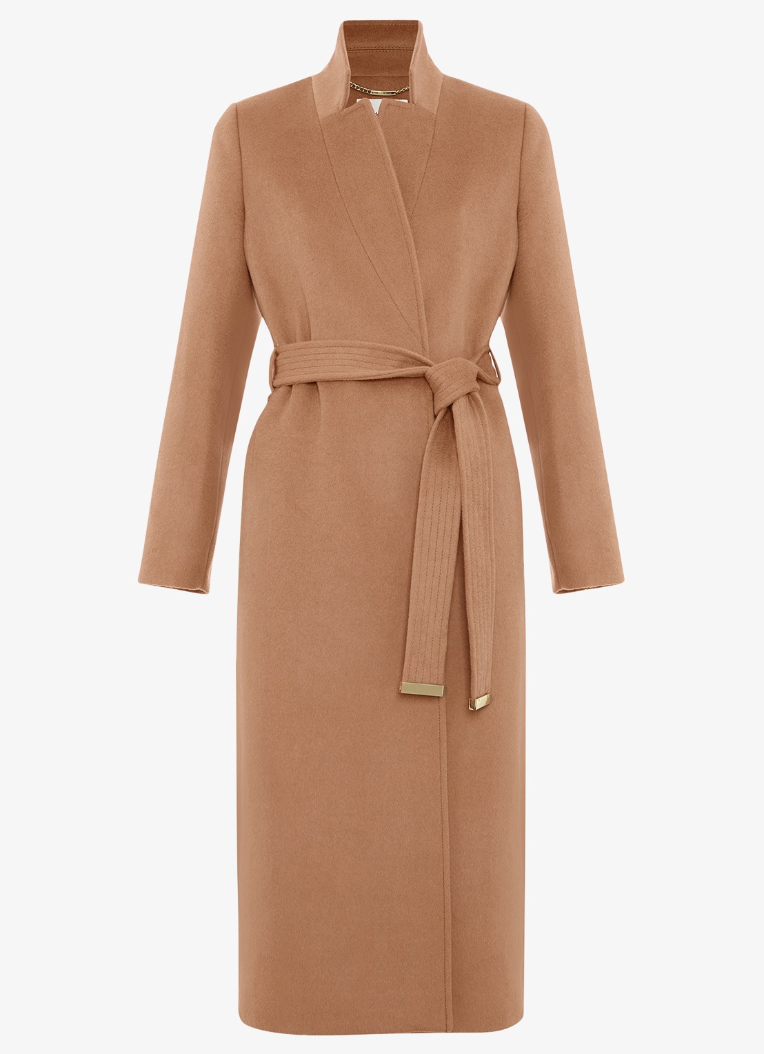 Phase Eight Charlotte mantel in wolblend met strikceintuur - voorkant 6 camel
