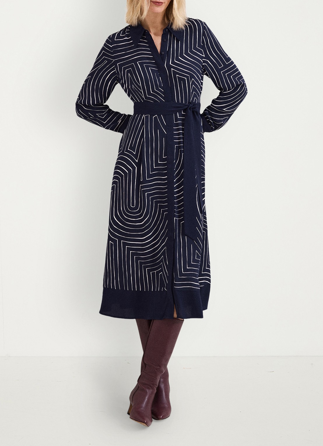 Phase Eight Charlotte midi jurk met grafische print - voorkant 8 donkerblauw
