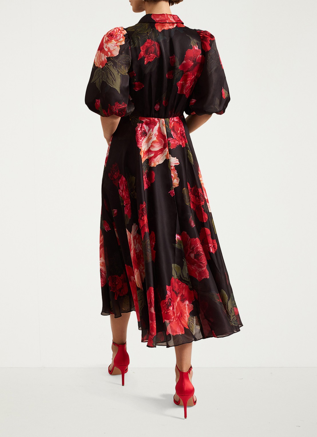 Phase Eight Cilla midi jurk met bloemenprint en pofmouw - achterkant 8 zwart