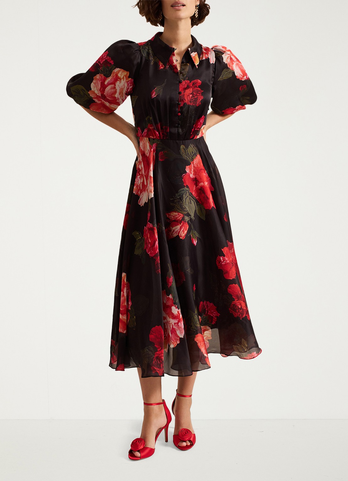 Phase Eight Cilla midi jurk met bloemenprint en pofmouw - detail zwart
