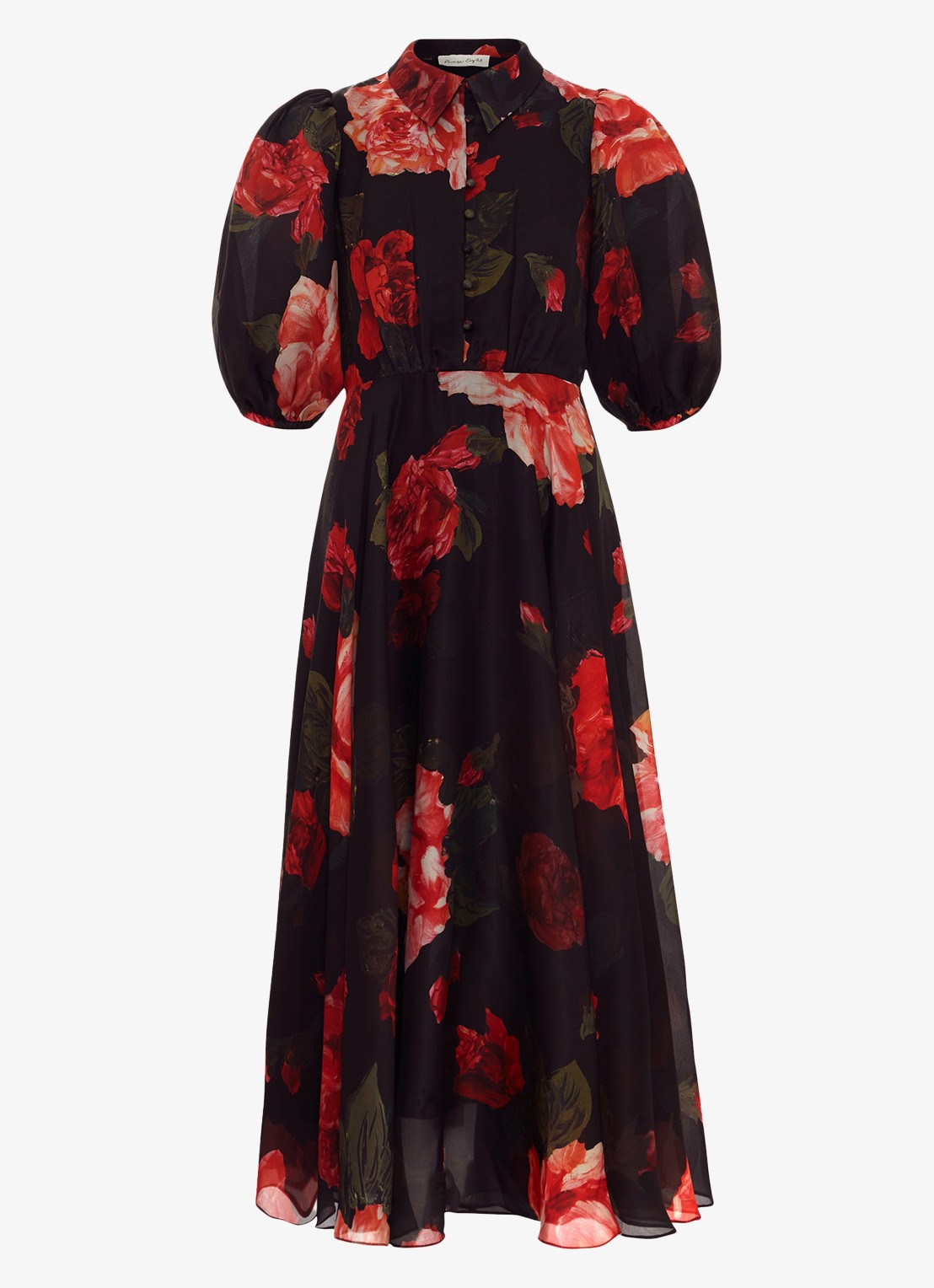 Phase Eight Cilla midi jurk met bloemenprint en pofmouw - voorkant 6 zwart