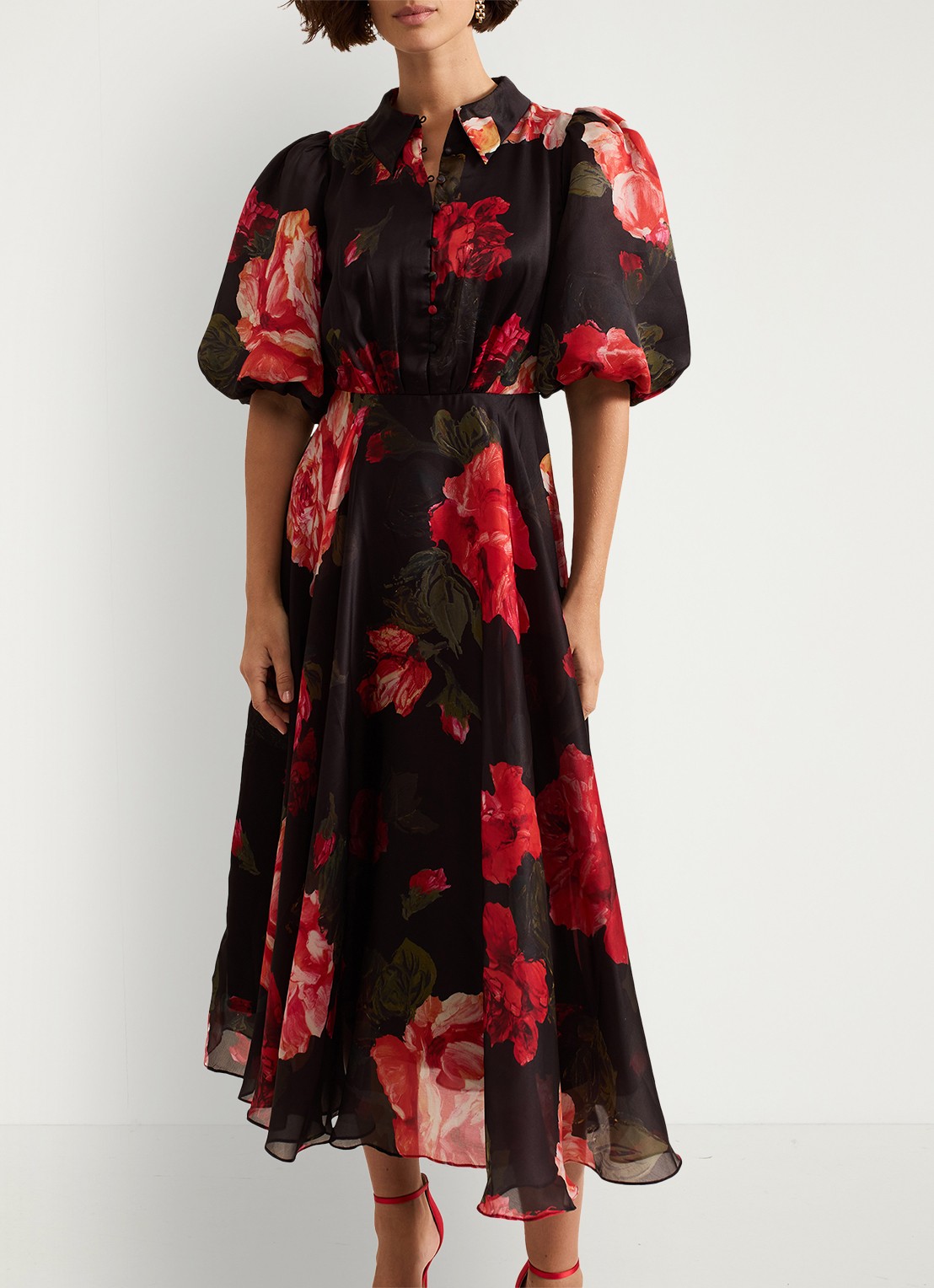 Phase Eight Cilla midi jurk met bloemenprint en pofmouw - voorkant 7 zwart