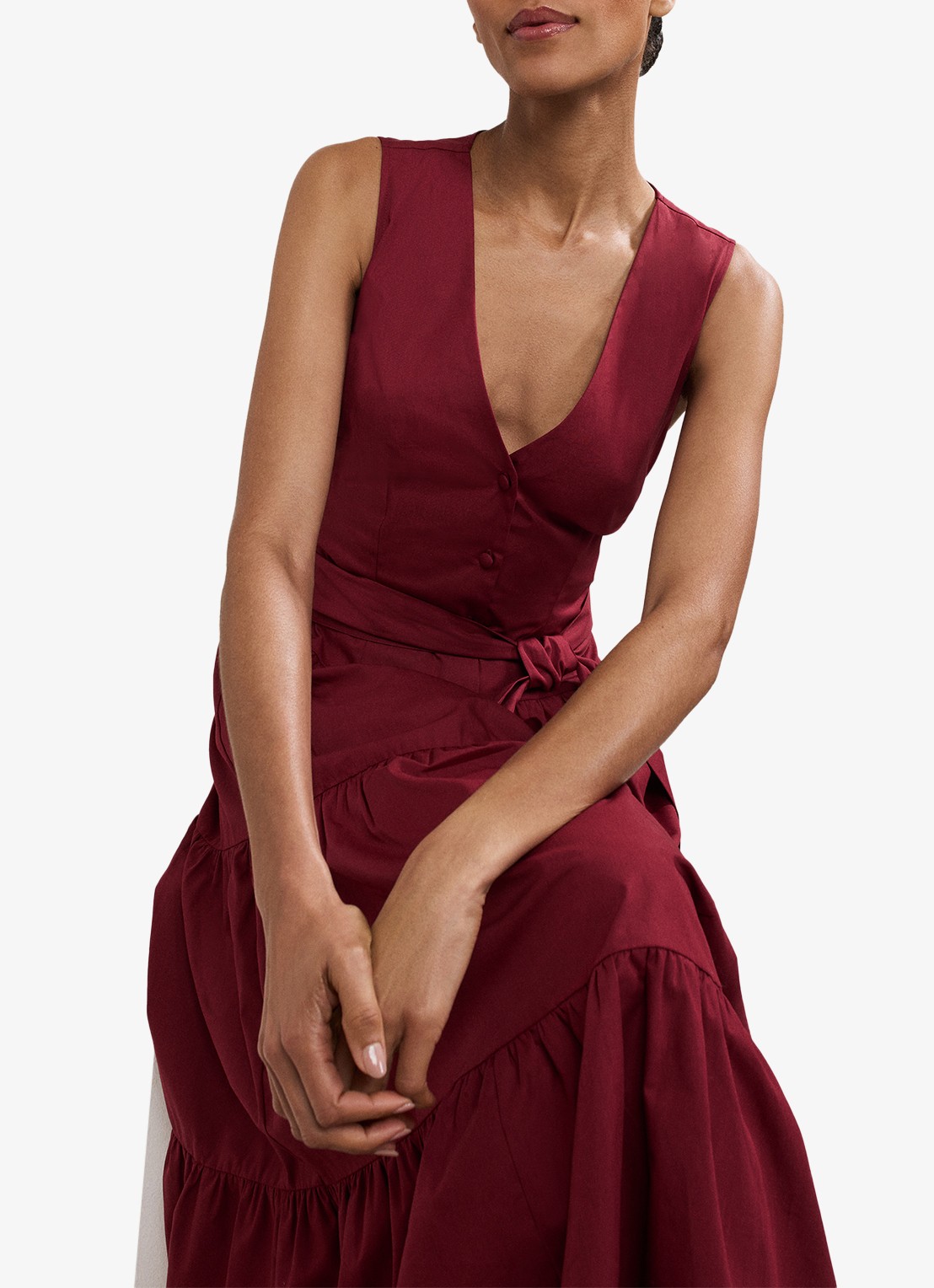 Phase Eight Clarissa midi jurk met strikceintuur - detail 7 bordeauxrood