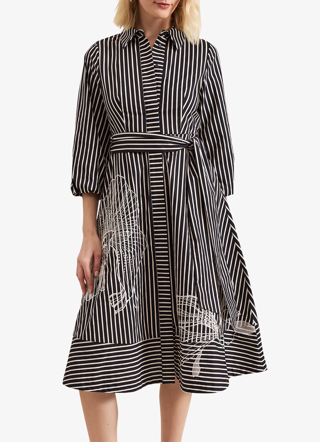 Phase Eight Corina midi blousejurk met print en strikceintuur - detail zwart
