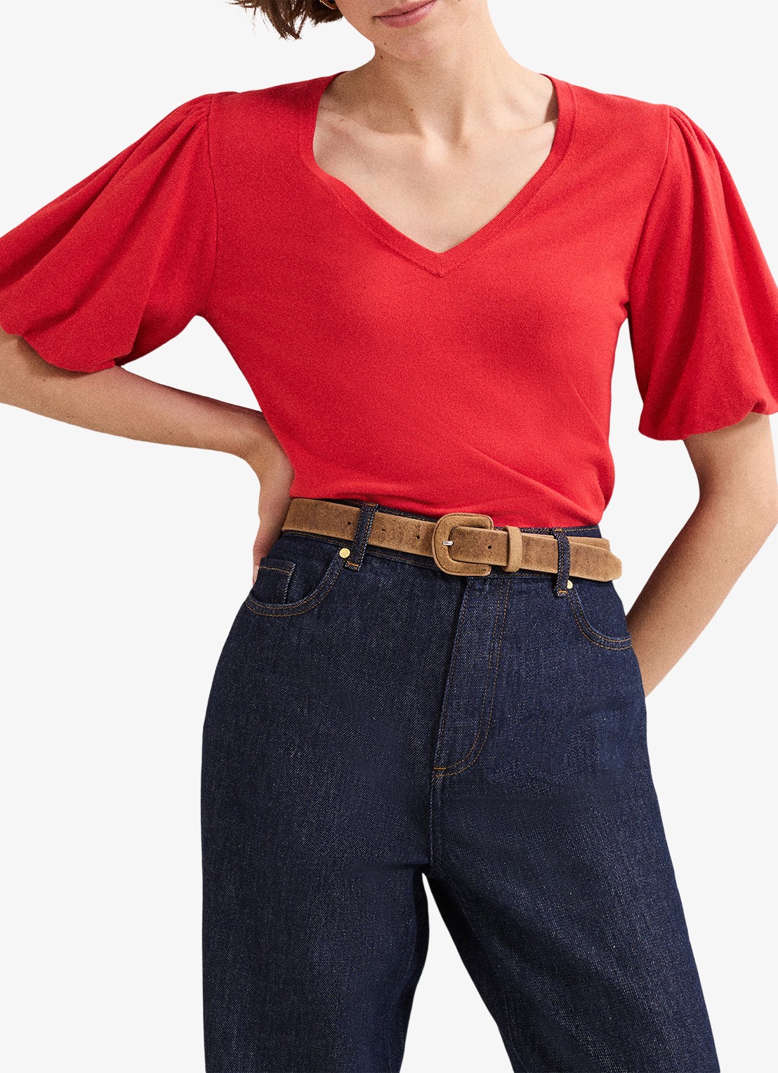 Phase Eight Courtney top met pofmouw - detail koraalrood