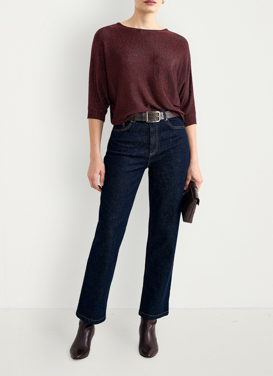 Phase Eight Cristine fijngebreide trui met lurex - voorkant 2 bordeauxrood