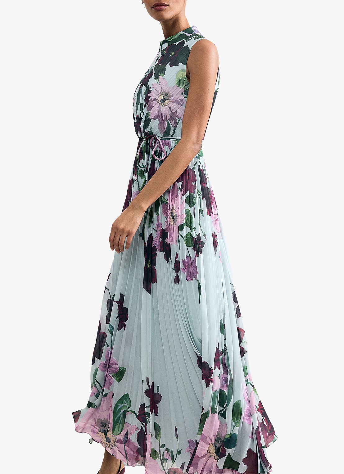 Phase Eight Dahlia maxi jurk met bloemenprint en plooien - detail 4 lichtblauw