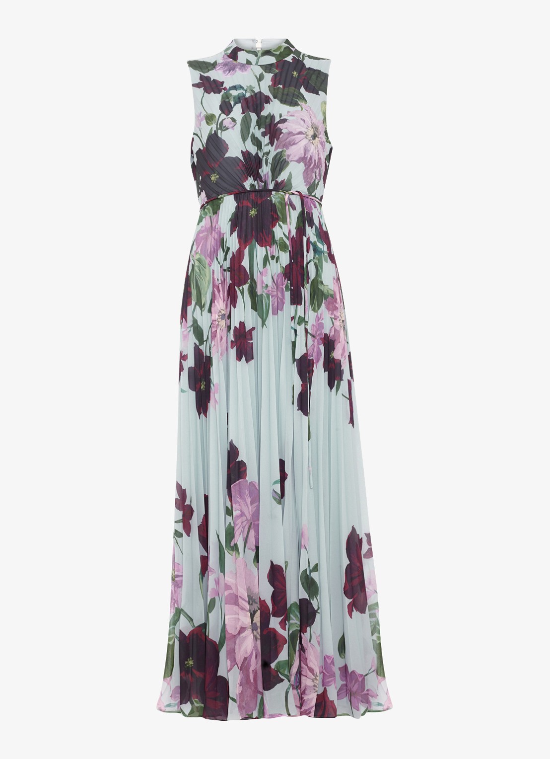 Phase Eight Dahlia maxi jurk met bloemenprint en plooien - voorkant 2 lichtblauw